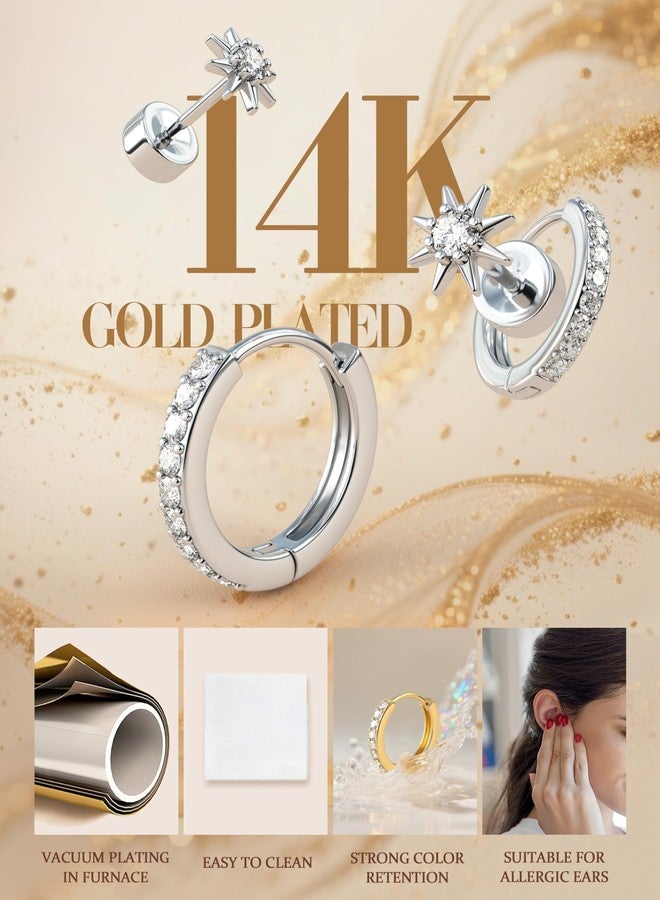 Florideco Silver Plated Flat Back Earrings Hypoallergenic Surgical Steel Earrings for Women Trendy Cartilage Chain Hoop Earring Studs 14K Gold Plated Star Heart CZ Flatback Stud Earring Pack - Image 3